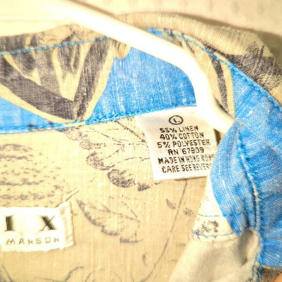 Basix Fenn Wright Manson Shirt L Linen Blend Blue Leaf Print VTG Hong Kong - Picture 4 of 6